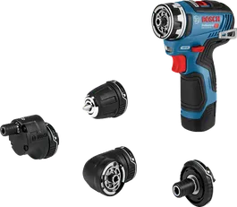 Bosch GSR 12V-35 FC boremaskine med fire udskiftelige hoveder.